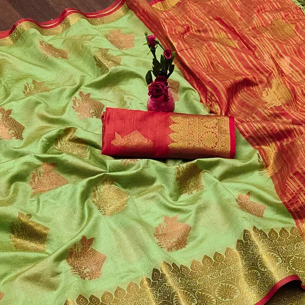 Olive_Color_Jacquard_&_Cotton_Silk_Gadwal_Saree_For_Women