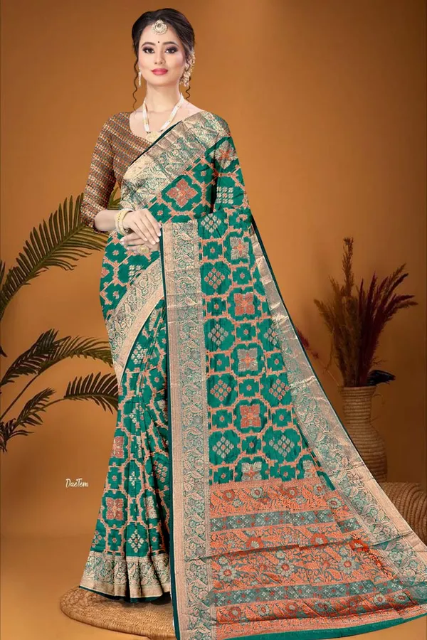 Organza_Rama_Color_Jacquard_Woven_Design_Banarasi_Stlye_recommended_for_Wedding,_Party_&_Festival,_Zari_Woven_Saree_for_Women
