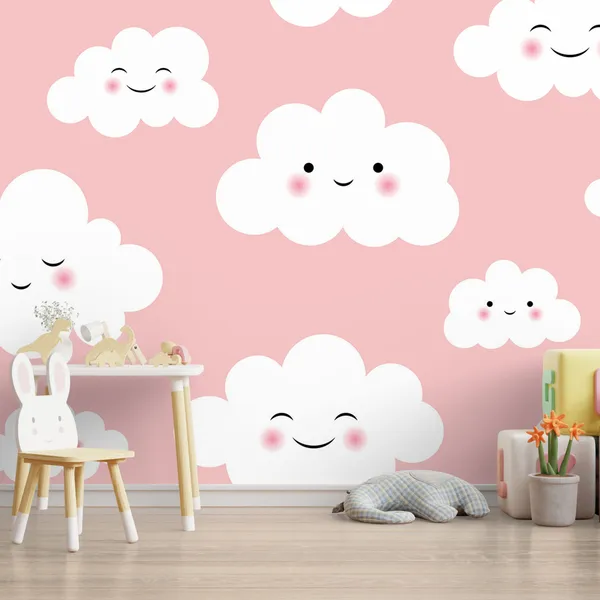 Cute_smiling_white_pink_clouds_for_kids_Mural_Wallpaper.