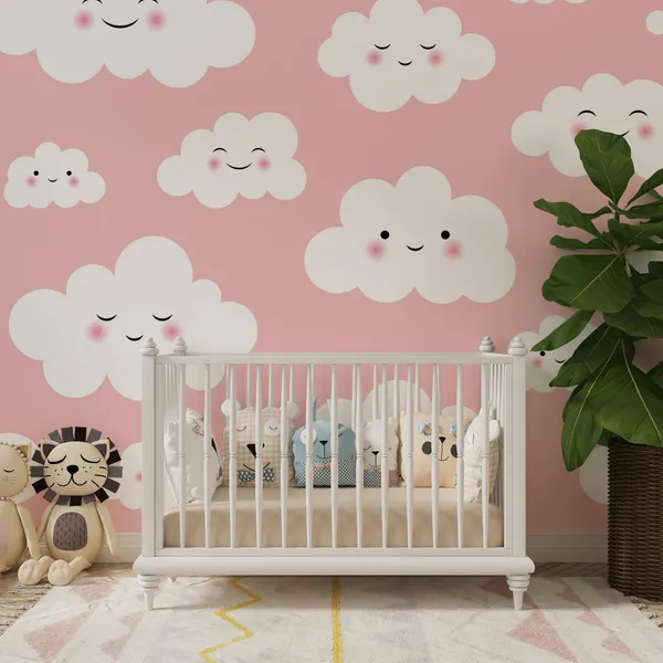 Cute_smiling_white_pink_clouds_for_kids_Mural_Wallpaper.