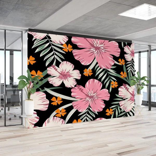 Nature_seamless_pattern_with_pink_flower_and_leaves_Mural_Wallpaper.