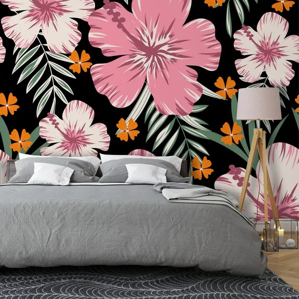 Nature_seamless_pattern_with_pink_flower_and_leaves_Mural_Wallpaper.