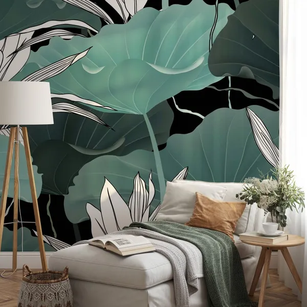 Botanical_seamless_pattern,_lotus_leaves,_plants_and_vines_on_black_background_Mural_Wallpaper.
