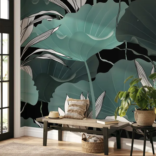 Botanical_seamless_pattern,_lotus_leaves,_plants_and_vines_on_black_background_Mural_Wallpaper.