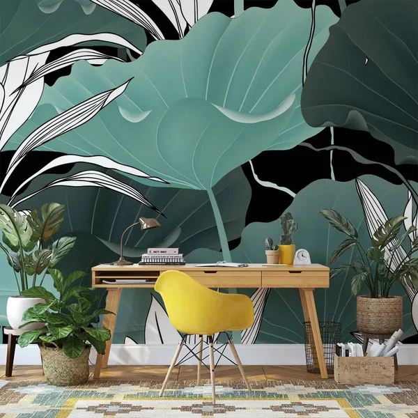 Botanical_seamless_pattern,_lotus_leaves,_plants_and_vines_on_black_background_Mural_Wallpaper.
