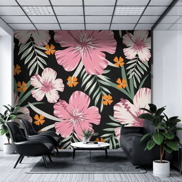 Nature_seamless_pattern_with_pink_flower_and_leaves_Mural_Wallpaper.