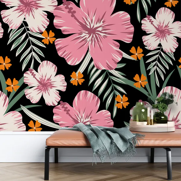 Nature_seamless_pattern_with_pink_flower_and_leaves_Mural_Wallpaper.