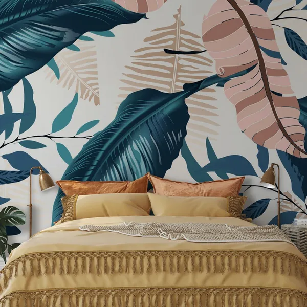 Exotic_tropical_vector_background_with_Hawaiian_plants_and_flowers._Spathiphyllum_leaves_background._Seamless_vector_pattern_with_jungle_leave_in_trendy__Mural_Wallpaper.