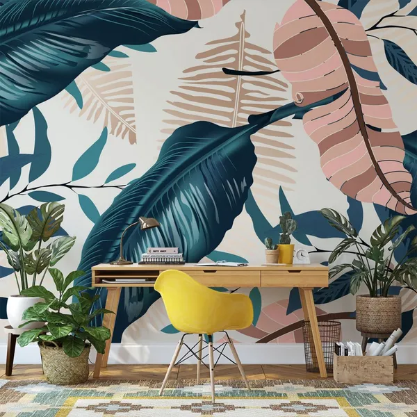 Exotic_tropical_vector_background_with_Hawaiian_plants_and_flowers._Spathiphyllum_leaves_background._Seamless_vector_pattern_with_jungle_leave_in_trendy__Mural_Wallpaper.