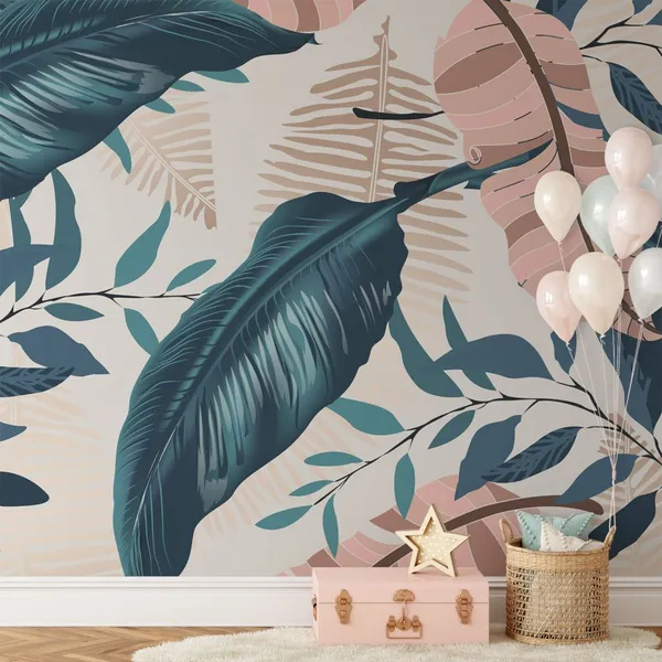 Exotic_tropical_vector_background_with_Hawaiian_plants_and_flowers._Spathiphyllum_leaves_background._Seamless_vector_pattern_with_jungle_leave_in_trendy__Mural_Wallpaper.