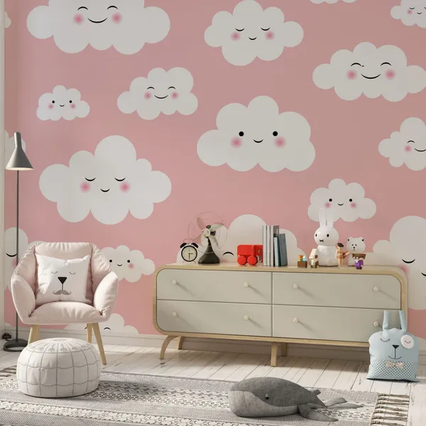 Cute_smiling_white_pink_clouds_for_kids_Mural_Wallpaper.
