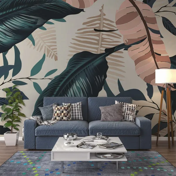 Exotic_tropical_vector_background_with_Hawaiian_plants_and_flowers._Spathiphyllum_leaves_background._Seamless_vector_pattern_with_jungle_leave_in_trendy__Mural_Wallpaper.