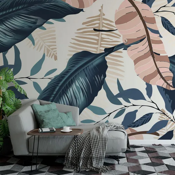 Exotic_tropical_vector_background_with_Hawaiian_plants_and_flowers._Spathiphyllum_leaves_background._Seamless_vector_pattern_with_jungle_leave_in_trendy__Mural_Wallpaper.