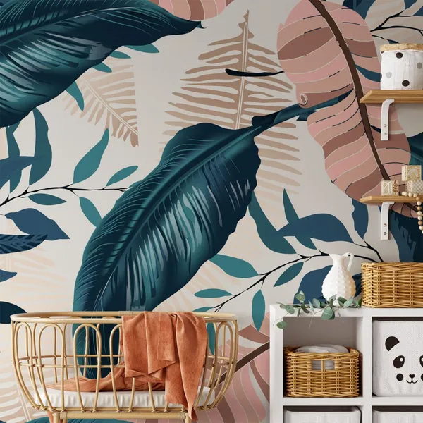 Exotic_tropical_vector_background_with_Hawaiian_plants_and_flowers._Spathiphyllum_leaves_background._Seamless_vector_pattern_with_jungle_leave_in_trendy__Mural_Wallpaper.