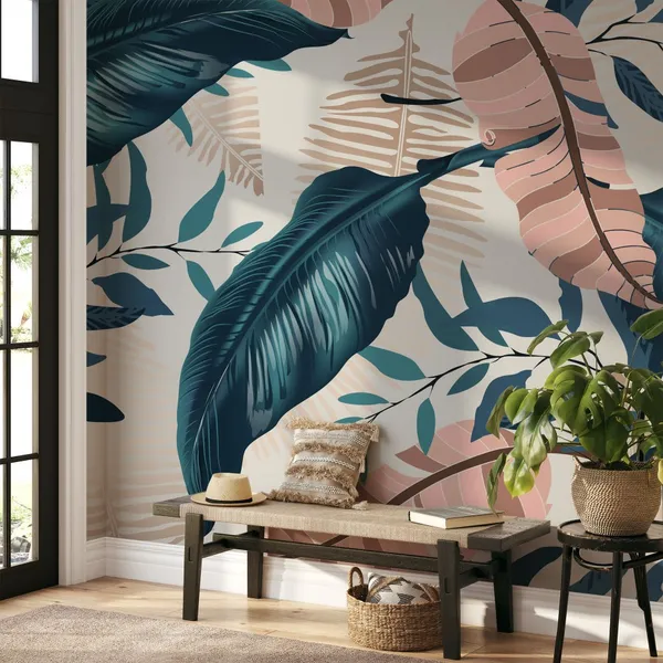 Exotic_tropical_vector_background_with_Hawaiian_plants_and_flowers._Spathiphyllum_leaves_background._Seamless_vector_pattern_with_jungle_leave_in_trendy__Mural_Wallpaper.