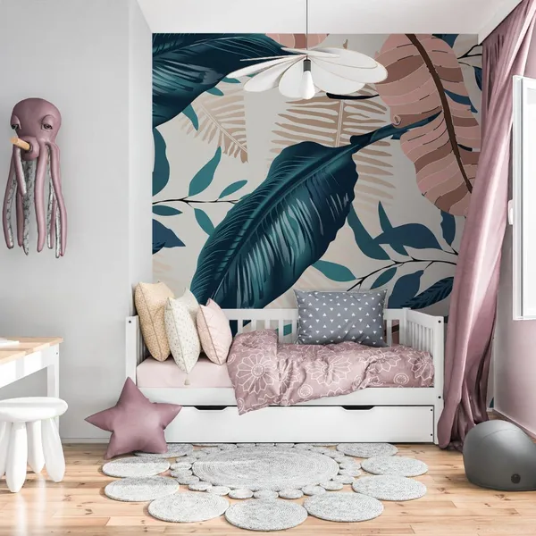 Exotic_tropical_vector_background_with_Hawaiian_plants_and_flowers._Spathiphyllum_leaves_background._Seamless_vector_pattern_with_jungle_leave_in_trendy__Mural_Wallpaper.