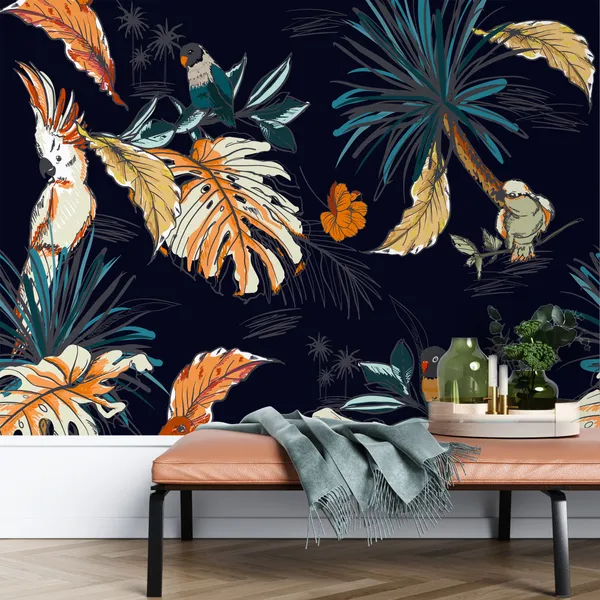 Seamless_Leafe__pattern_hand_drawn_sketch_tropical_with_exotic_parrot_birds_in_vector_Design_for_fashion,_web,__wallpaper,_and_all_prints_on_navy_blue_background_color_Mural_Wallpaper.