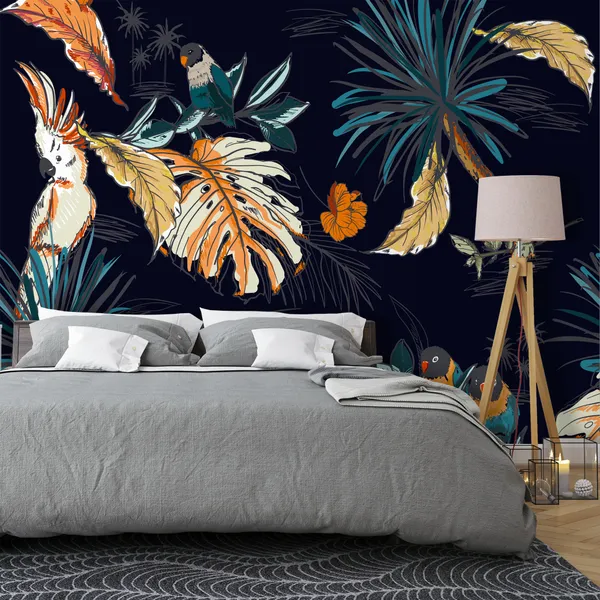 Seamless_Leafe__pattern_hand_drawn_sketch_tropical_with_exotic_parrot_birds_in_vector_Design_for_fashion,_web,__wallpaper,_and_all_prints_on_navy_blue_background_color_Mural_Wallpaper.
