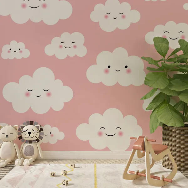 Cute_smiling_white_pink_clouds_for_kids_Mural_Wallpaper.