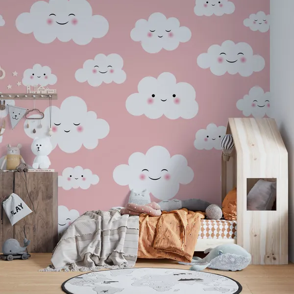 Cute_smiling_white_pink_clouds_for_kids_Mural_Wallpaper.