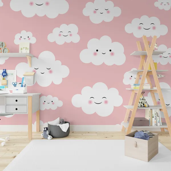 Cute_smiling_white_pink_clouds_for_kids_Mural_Wallpaper.