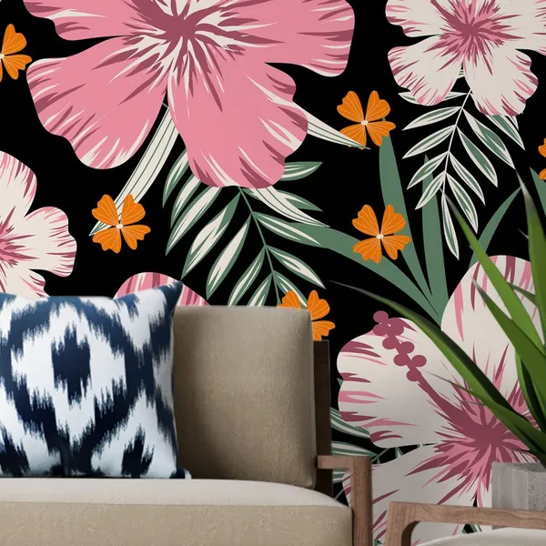 Nature_seamless_pattern_with_pink_flower_and_leaves_Mural_Wallpaper.