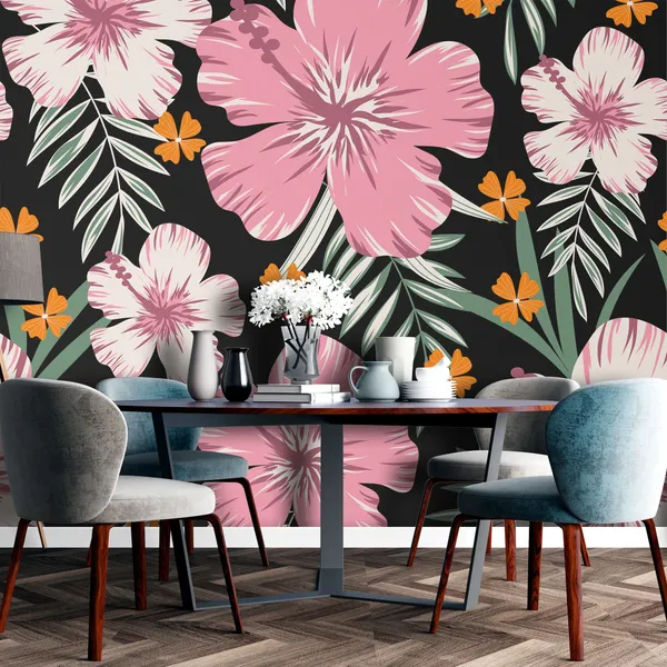 Nature_seamless_pattern_with_pink_flower_and_leaves_Mural_Wallpaper.