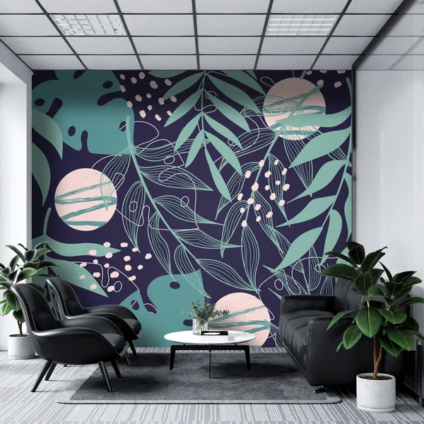 Trend_abstract_seamless_pattern_with_tropical_leaves_and_bright_plants_on_a_blue_background_Mural_Wallpaper