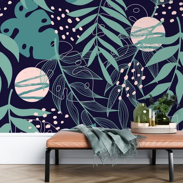 Trend_abstract_seamless_pattern_with_tropical_leaves_and_bright_plants_on_a_blue_background_Mural_Wallpaper