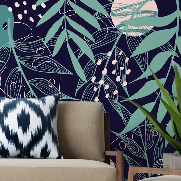 Trend_abstract_seamless_pattern_with_tropical_leaves_and_bright_plants_on_a_blue_background_Mural_Wallpaper