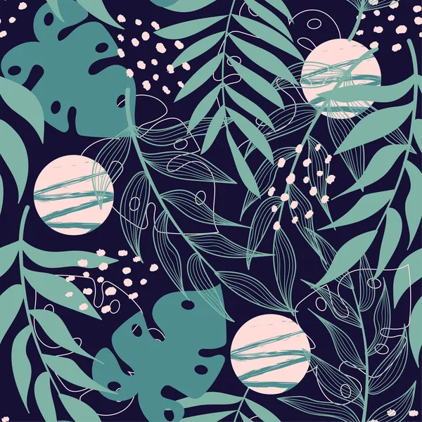 Trend_abstract_seamless_pattern_with_tropical_leaves_and_bright_plants_on_a_blue_background_Mural_Wallpaper