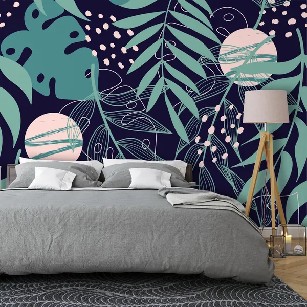 Trend_abstract_seamless_pattern_with_tropical_leaves_and_bright_plants_on_a_blue_background_Mural_Wallpaper