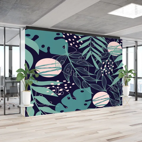 Trend_abstract_seamless_pattern_with_tropical_leaves_and_bright_plants_on_a_blue_background_Mural_Wallpaper