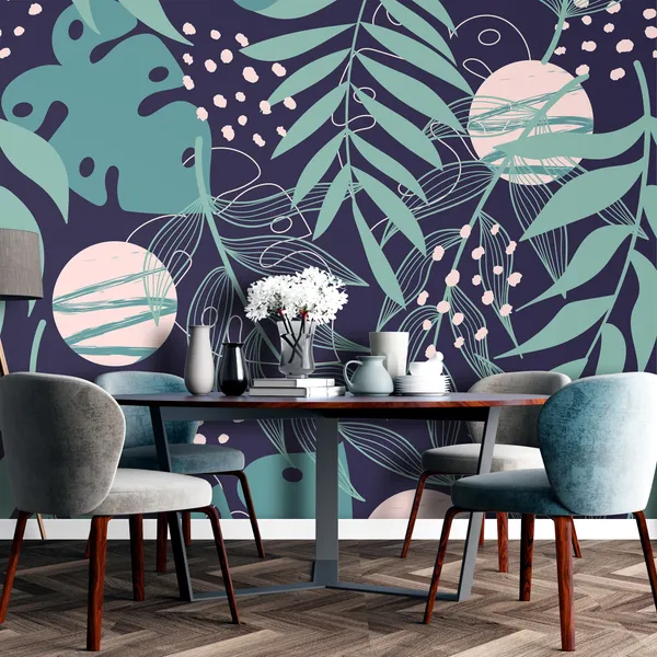 Trend_abstract_seamless_pattern_with_tropical_leaves_and_bright_plants_on_a_blue_background_Mural_Wallpaper