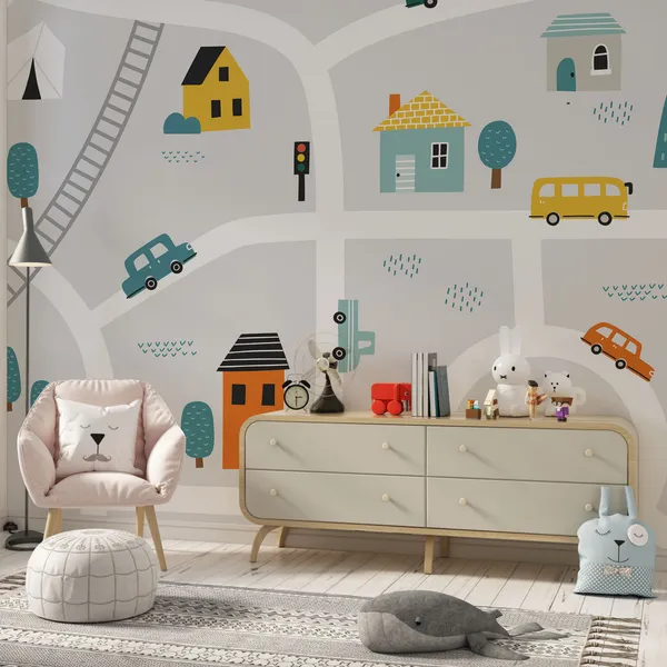 Illustration_of_a_road_going_to_City_for_kids_Mural_Wallpaper.