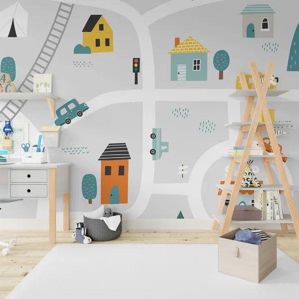 Illustration_of_a_road_going_to_City_for_kids_Mural_Wallpaper.