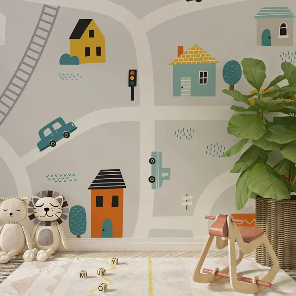 Illustration_of_a_road_going_to_City_for_kids_Mural_Wallpaper.