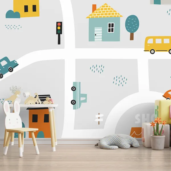 Illustration_of_a_road_going_to_City_for_kids_Mural_Wallpaper.