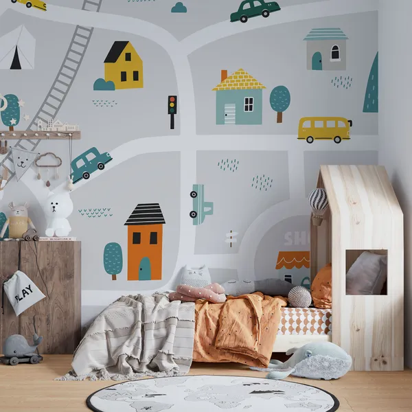 Illustration_of_a_road_going_to_City_for_kids_Mural_Wallpaper.