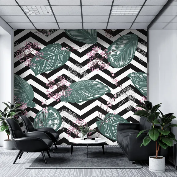 Geometric_Exotic_leaves_and_Floral_seamless_pattern,_botacal__plant_on_modern_balck_and_white_zigzag_Mural_Wallpaper