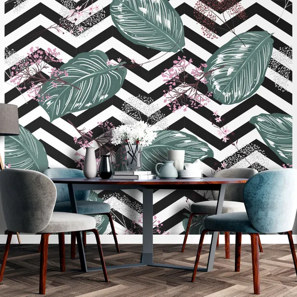 Geometric_Exotic_leaves_and_Floral_seamless_pattern,_botacal__plant_on_modern_balck_and_white_zigzag_Mural_Wallpaper