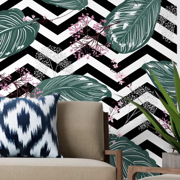Geometric_Exotic_leaves_and_Floral_seamless_pattern,_botacal__plant_on_modern_balck_and_white_zigzag_Mural_Wallpaper