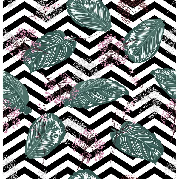 Geometric_Exotic_leaves_and_Floral_seamless_pattern,_botacal__plant_on_modern_balck_and_white_zigzag_Mural_Wallpaper