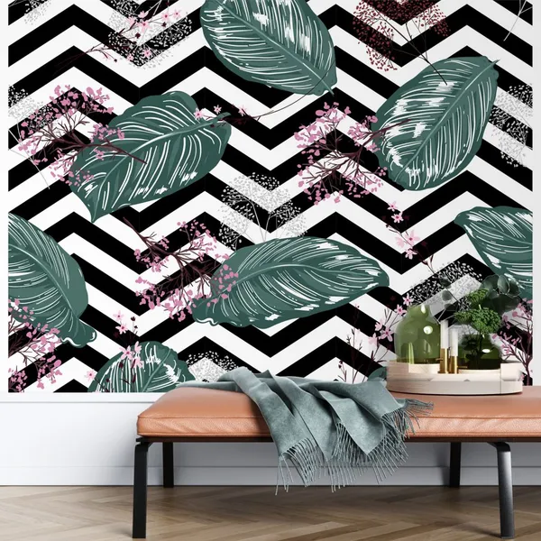 Geometric_Exotic_leaves_and_Floral_seamless_pattern,_botacal__plant_on_modern_balck_and_white_zigzag_Mural_Wallpaper