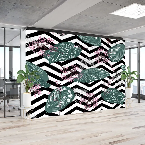 Geometric_Exotic_leaves_and_Floral_seamless_pattern,_botacal__plant_on_modern_balck_and_white_zigzag_Mural_Wallpaper
