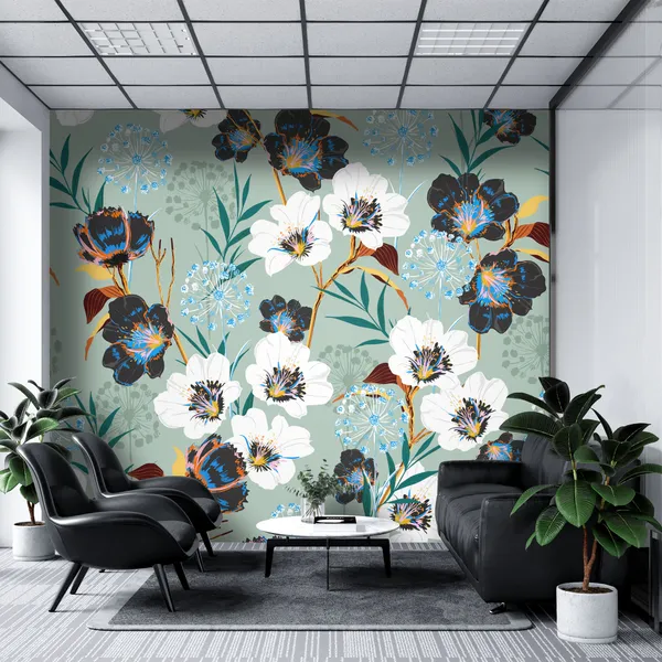 Geometric_Exotic_leaves_and_Floral_seamless_pattern,_botacal__plant_on_modern_balck_and_white_zigzag_Mural_Wallpaper