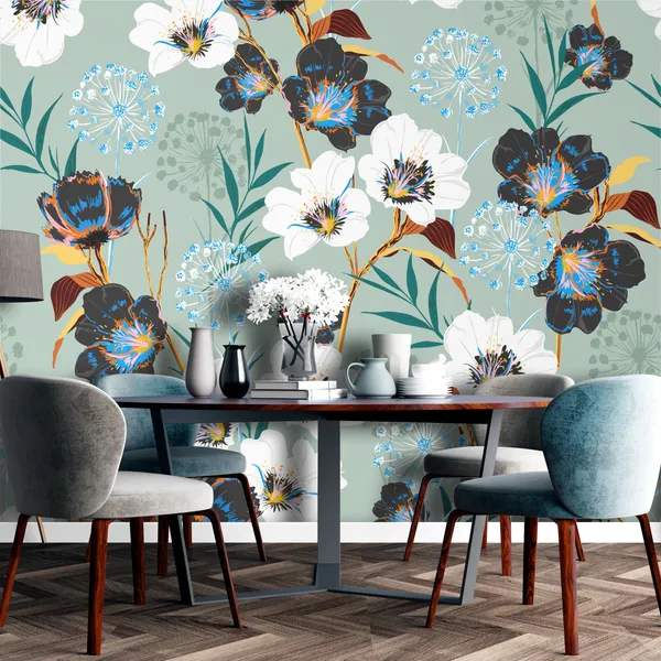 Geometric_Exotic_leaves_and_Floral_seamless_pattern,_botacal__plant_on_modern_balck_and_white_zigzag_Mural_Wallpaper