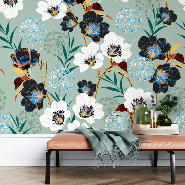 Geometric_Exotic_leaves_and_Floral_seamless_pattern,_botacal__plant_on_modern_balck_and_white_zigzag_Mural_Wallpaper