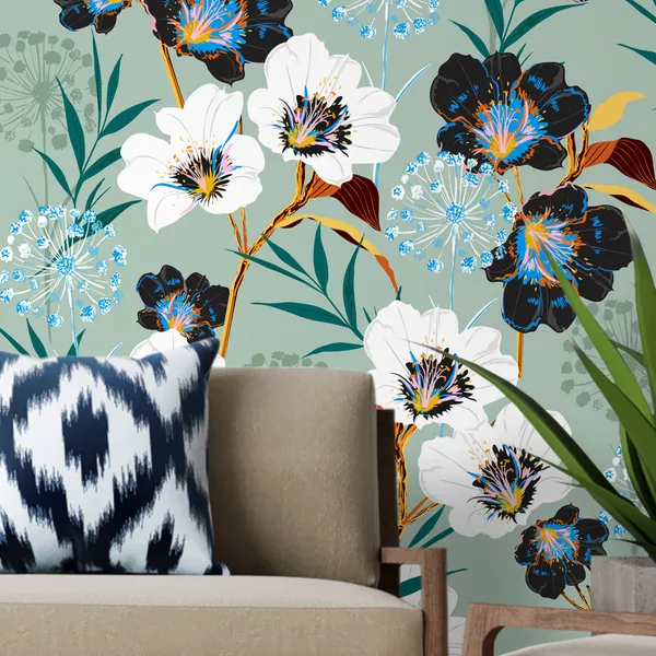 Geometric_Exotic_leaves_and_Floral_seamless_pattern,_botacal__plant_on_modern_balck_and_white_zigzag_Mural_Wallpaper