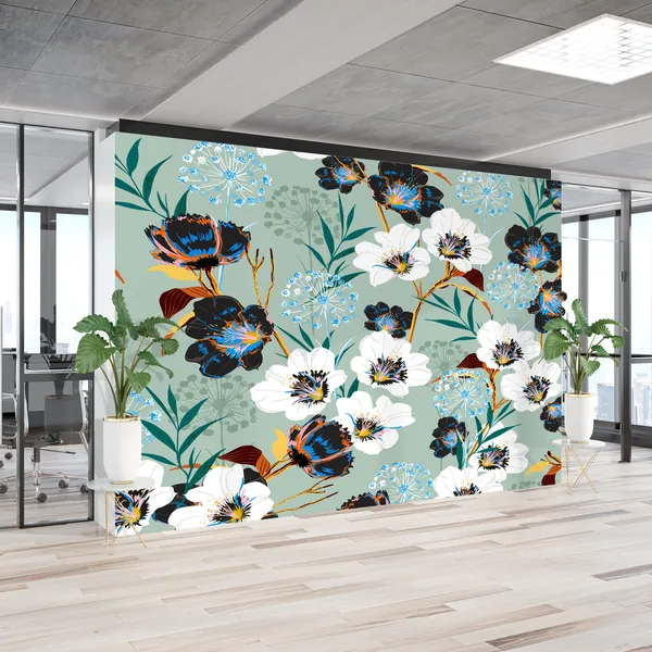Geometric_Exotic_leaves_and_Floral_seamless_pattern,_botacal__plant_on_modern_balck_and_white_zigzag_Mural_Wallpaper